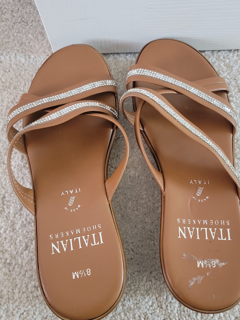 Italian Shoemakers Tan Slide Sandals with Rhinestone Straps